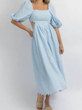 MABLE scalloped midi dress in sea breeze linen size XS